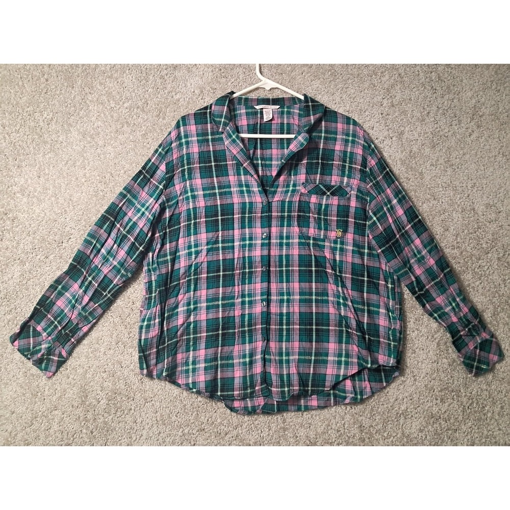Victoria's Secret Women's Plaid Button-Up Shirt Large Cotton Blend